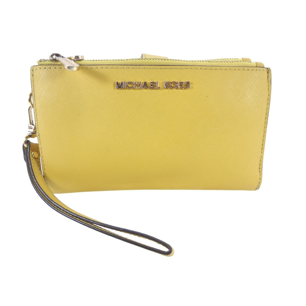 Michael Kors Adele Double Zip Wristlet Wallet Yellow Good Saffiano Leather